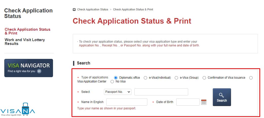 Điền thông tin để kiểm tra kết quả visa Hàn Quốc - VISANA